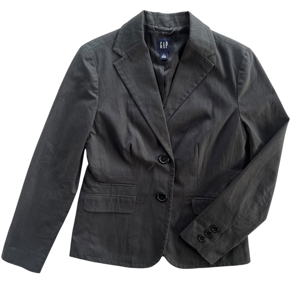 GAP Womens 8 Gray Herringbone Pinstripe 2 Button Front Blazer Tailor Work Career